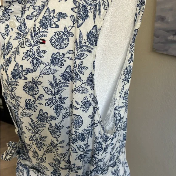 Tommy Hilfiger Blue and White Linen Cotton Floral Button Down Midi Dress - Picture 5 of 6